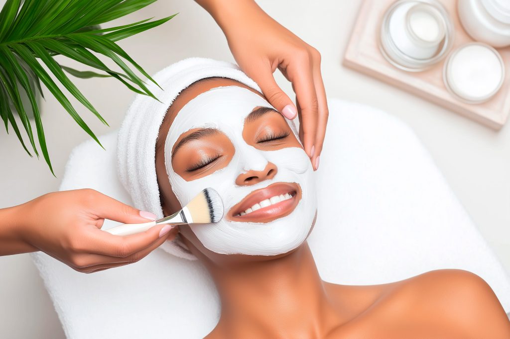 A woman lies on a spa table with a white facial mask applied. A therapist gently brushes the mask onto her face, promoting relaxation. Light reveals a serene atmosphere.